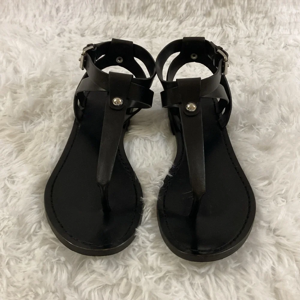 & OTHER STORIES WOMEN BLACK T FRONT GENUINE LEATHER ROMAN STYLE SANDALS.SIZE-7